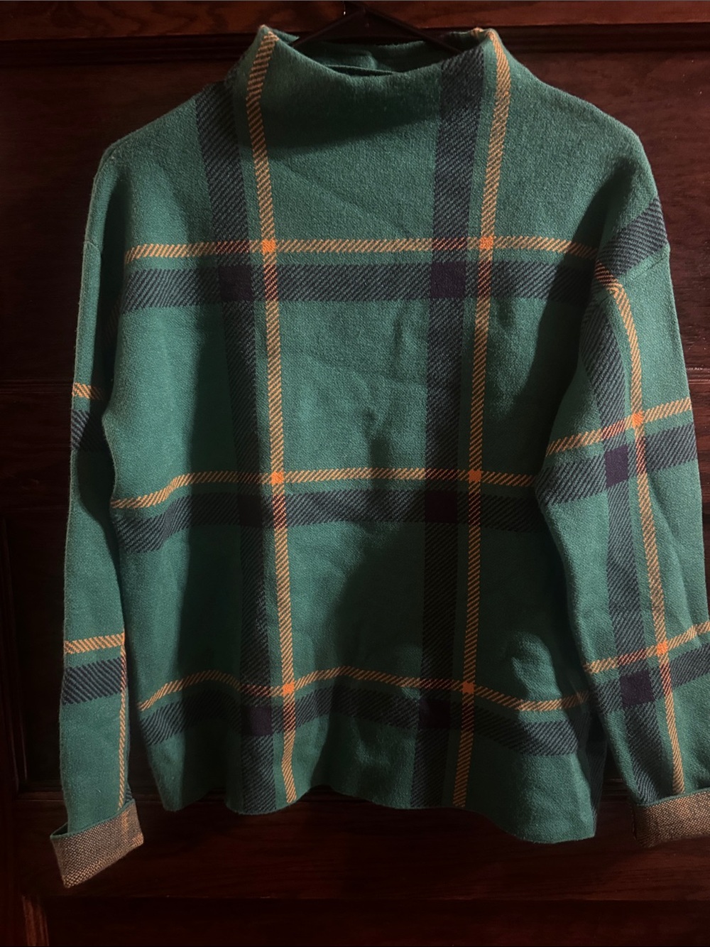 Tahari Green Plaid Mock Neck Sweater with Yellow & Navy Accents, NWT